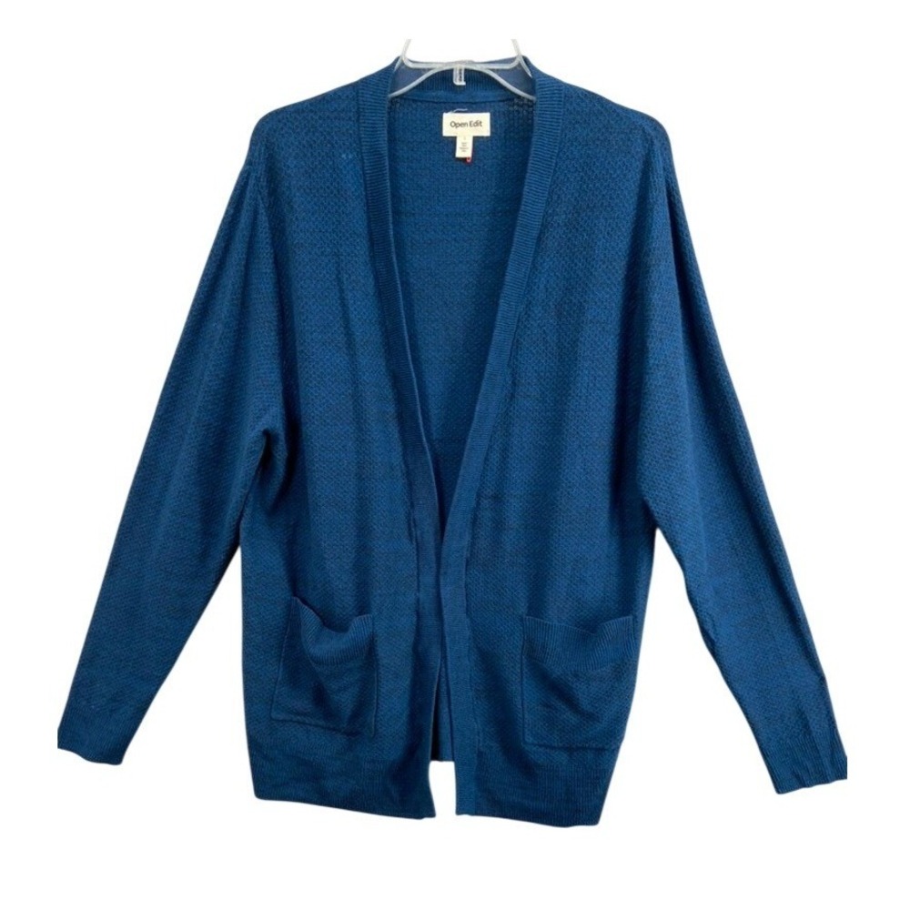 Open Edit Cardigan Womens Sz L Blue‎ Marled Textured Cotton Open Front Sweater